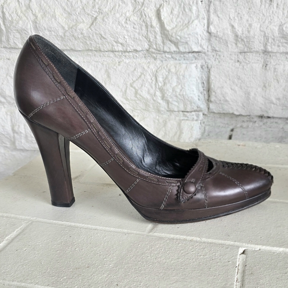 Vintage Bottega Veneta Brown Leather Stitch Detail Platform Pumps - Picture 3 of 11